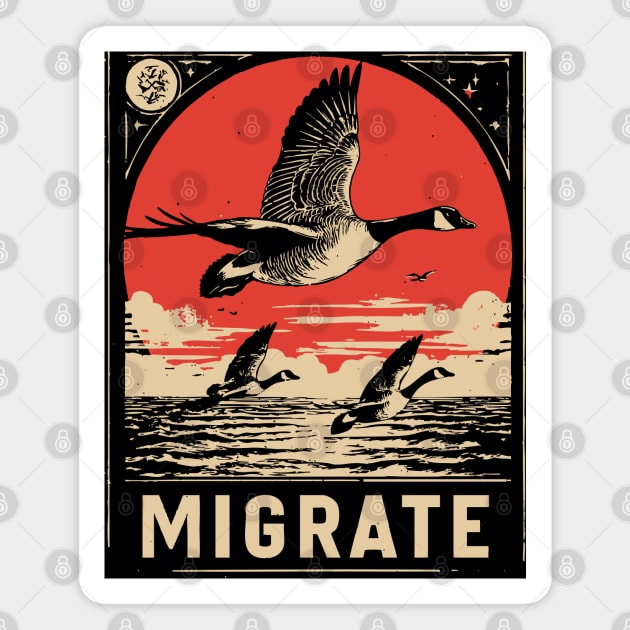 Migrate - Vintage Geese Formation Art Magnet by TuncGK